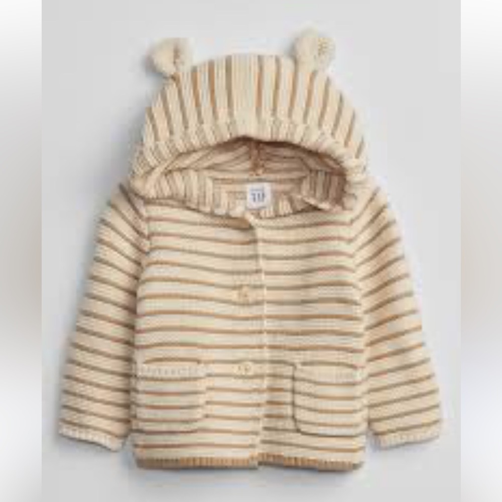 Baby Gap Oatmeal Stripe Teddy Bear Hooded Sweater Jacket 18-24 Months